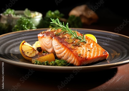 Wallpaper Mural grilled salmon steak with lemon on plate. generative AI image. Torontodigital.ca