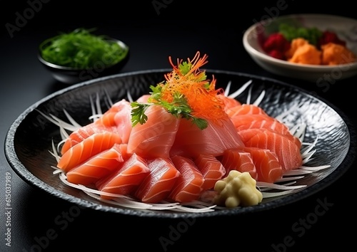 Salmon sashimi on white ceramic plate in restaurant, generative AI image.