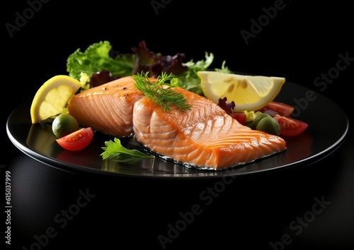 grilled salmon steak with lemon on plate. generative AI image.