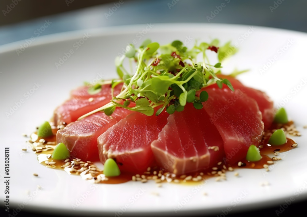 Tuna sashimi, raw fish, traditional Japanese style. generative AI image. Tuna sashimi, raw fish, traditional Japanese style. generative AI image.