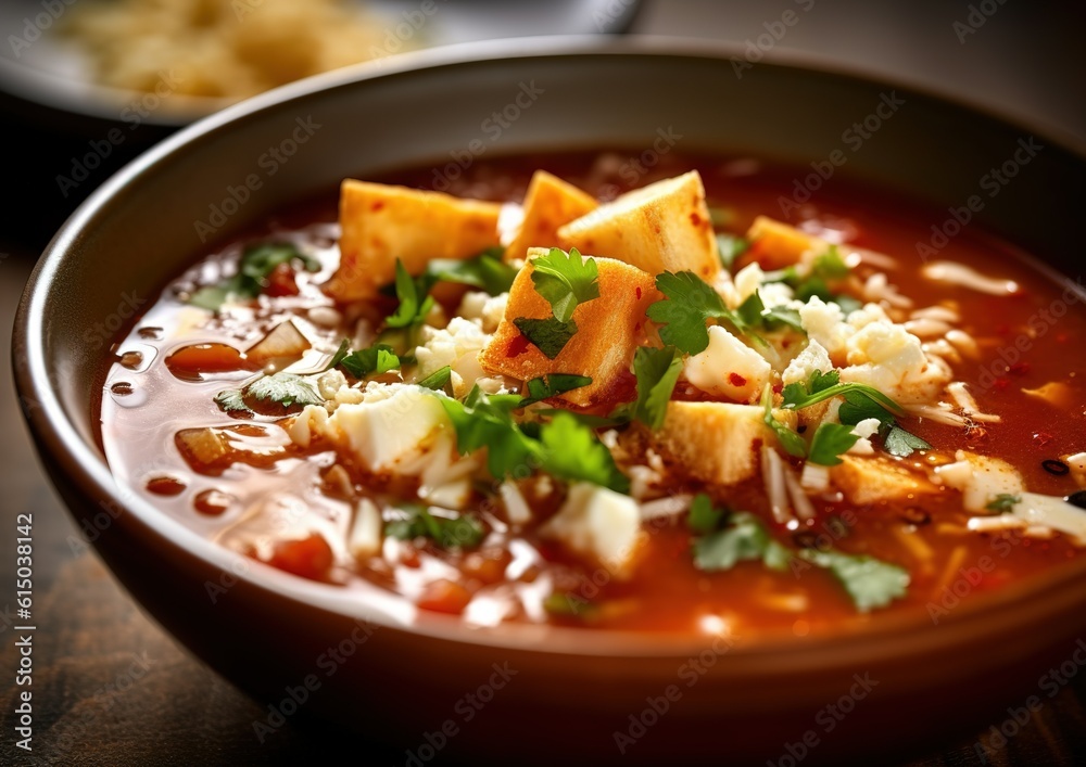 Spicy Chicken Tortilla Soup, Mexican cuisine generative AI image. Spicy Chicken Tortilla Soup, Mexican cuisine generative AI image.