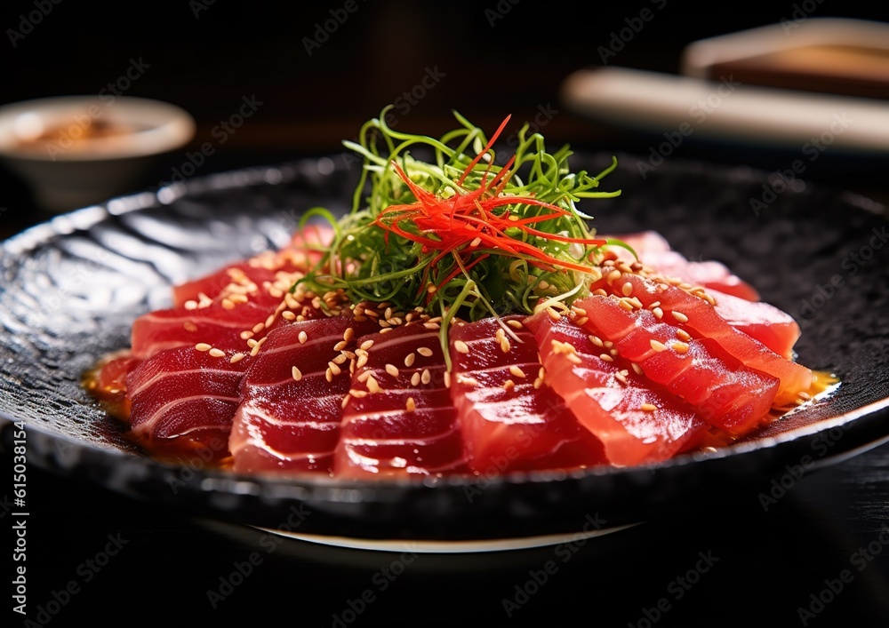 Tuna sashimi, raw fish, traditional Japanese style. generative AI image.