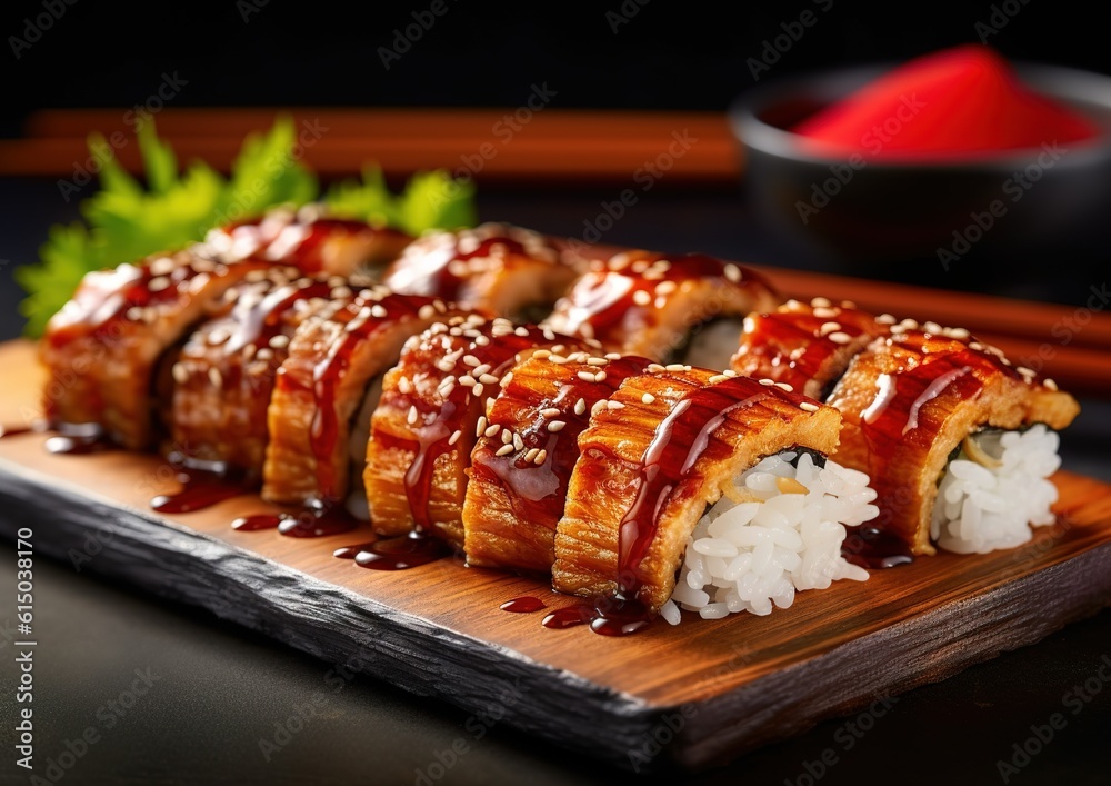 Unagi Sushi rolls, Japanese food style generative AI image. Unagi Sushi rolls, Japanese food style generative AI image.