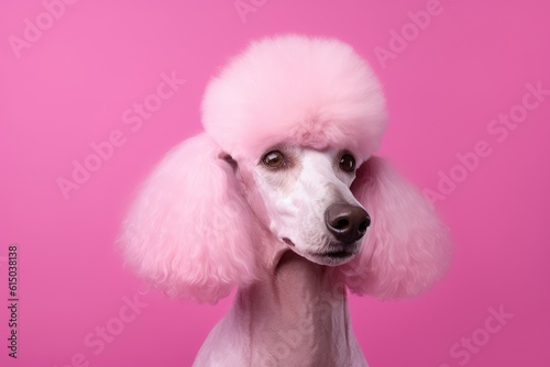 cute fully grown pink poodle dog on pink background, adorable poodle dog