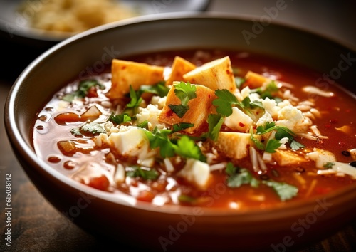 Spicy Chicken Tortilla Soup, Mexican cuisine generative AI image.