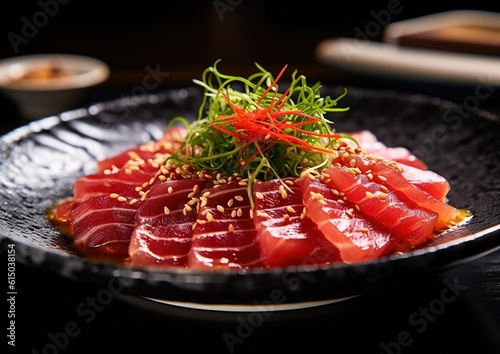 Tuna sashimi, raw fish, traditional Japanese style. generative AI image.