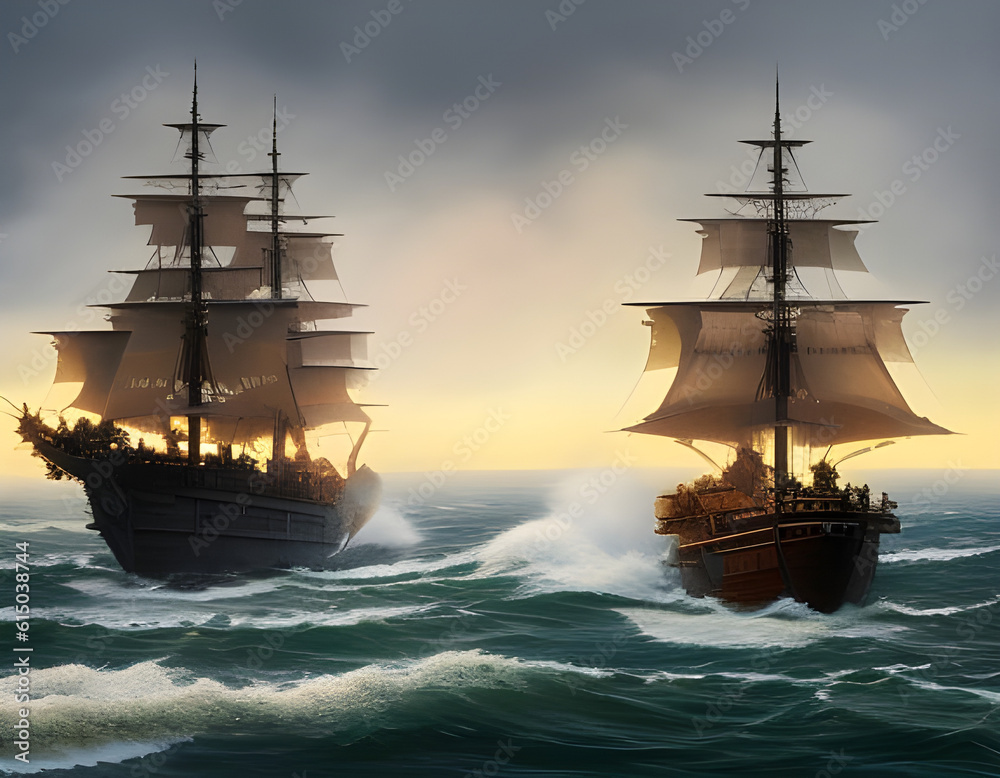 Fototapeta premium Beautiful ship sailing in the sea at sunset. Amazing 3D landscape. Digital illustration. CG Artwork Background