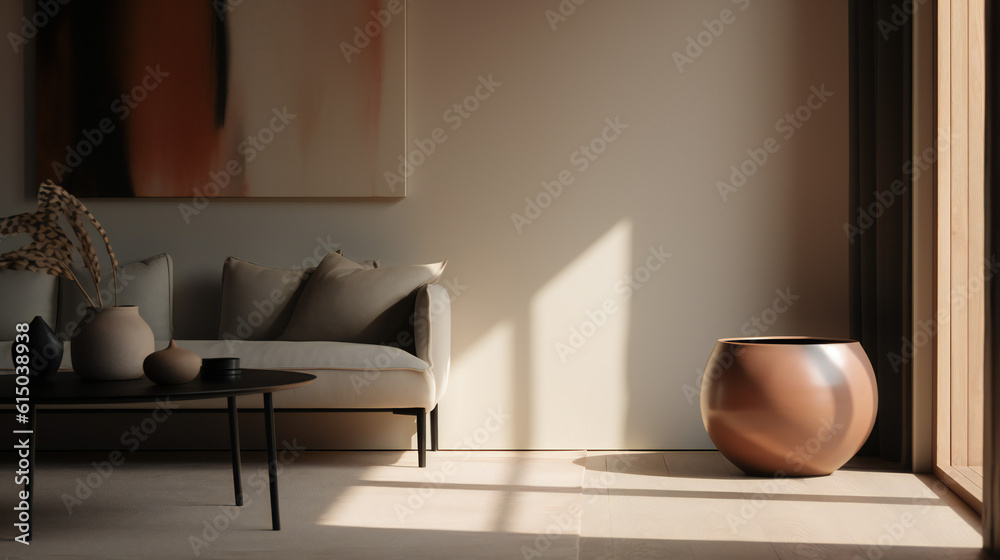 Fototapeta premium Stylish Interior with an Abstract Mockup Frame Poster, Modern interior design, 3D render, 3D illustration