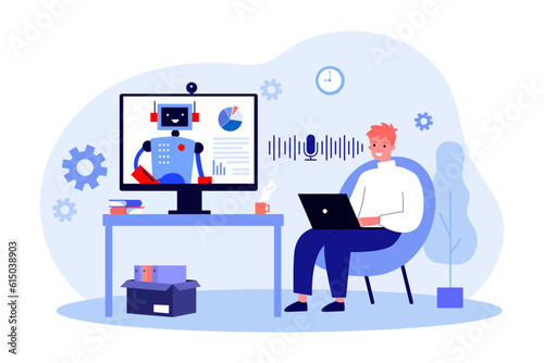 Happy office worker using robot assistant vector illustration. Cartoon drawing of man sitting in chair and using voice recognition for work. AI, modern technology, assistance concept