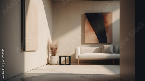Stylish Interior with an Abstract Mockup Frame Poster, Modern interior design, 3D render, 3D illustration