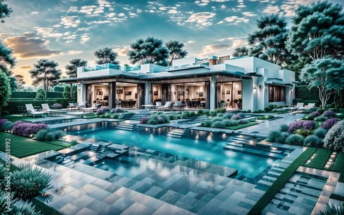 Photo of a beautiful house with a luxurious pool in front © Usman