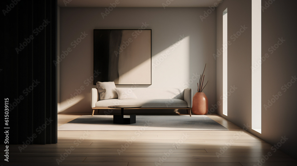 Stylish Interior with an Abstract Mockup Frame Poster, Modern interior design, 3D render, 3D illustration Stylish Interior with an Abstract Mockup Frame Poster, Modern interior design, 3D render, 3D illustration