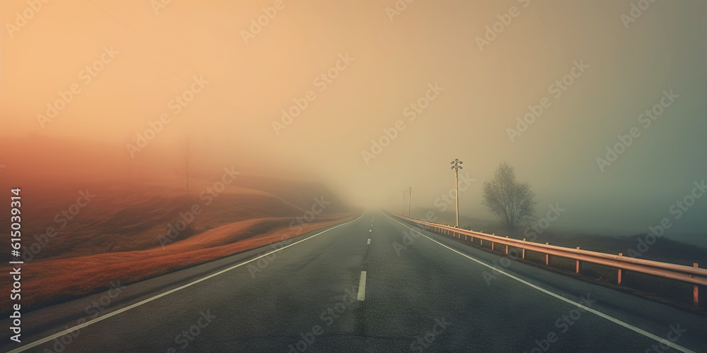 Misty empty road with trees on the side. Foggy highway. Mystery travel concept. Generative AI