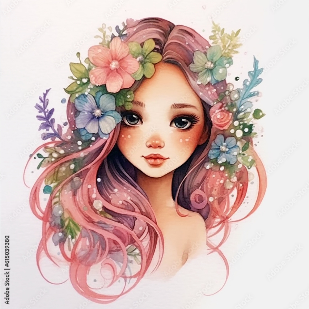 Fabulous baby girl, cute baby mermaid with long pink hair and flowers. Fantasy character. Summer, spring blossom. Watercolor. 