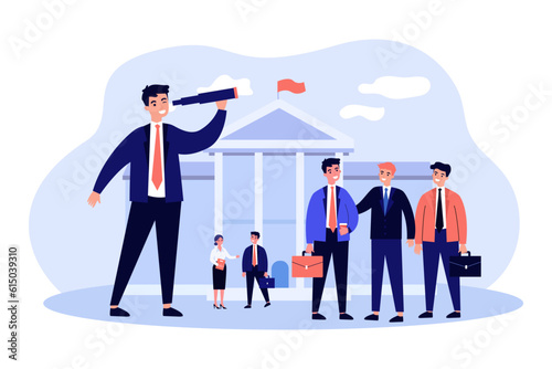 Government official or lawyer looking through spyglass. Public sector workers with briefcases in front of government building with flag vector illustration. Public sector, government, society concept