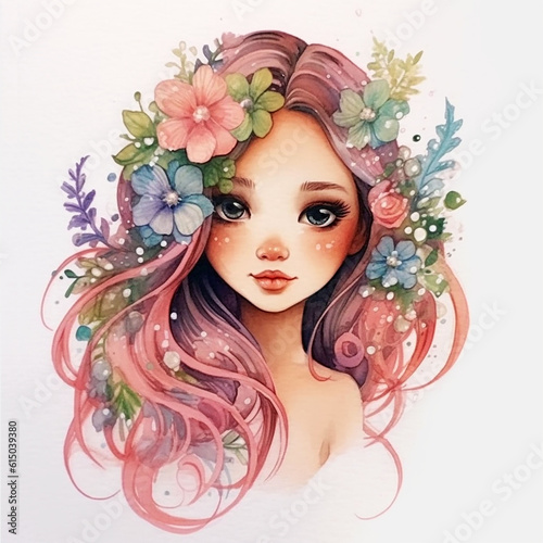 Fabulous baby girl, cute baby mermaid with long pink hair and flowers. Fantasy character. Summer, spring blossom. Watercolor. 