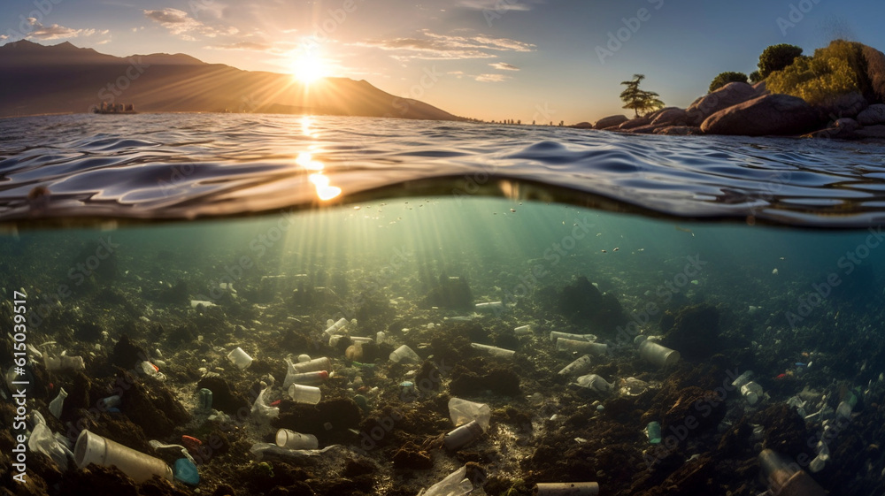 Marine Pollution, Plastic waste in ocean, sunset Marine Pollution, Plastic waste in ocean, sunset