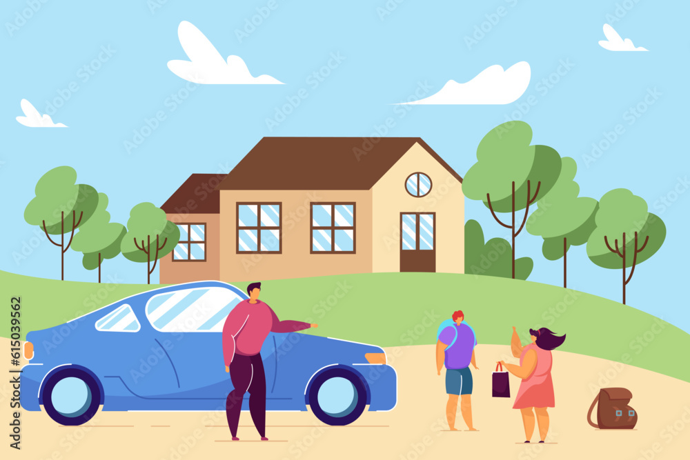 Parents helping son to get ready for trip vector illustration. Young people traveling by car at half-price in summer. Family going on vacation from cottage house. Summer trip, travel, tourism concept
