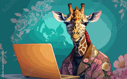 Portrait of a giraffe at the computer. It looks stylish on a pink background. wanderlust vector illustration