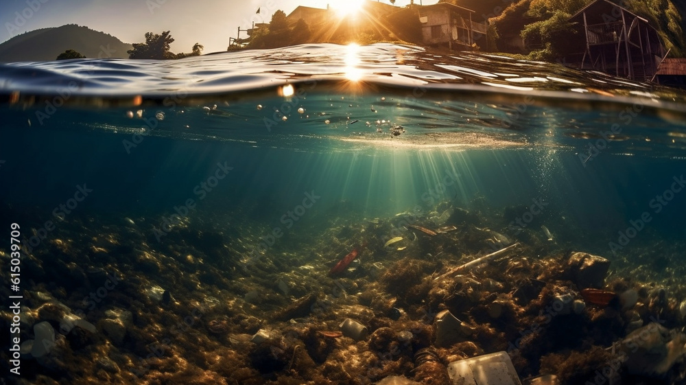 Marine Pollution, Plastic waste in ocean, sunset