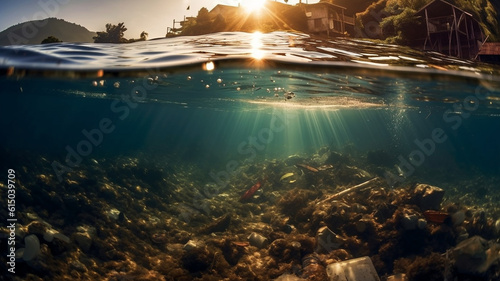 Marine Pollution, Plastic waste in ocean, sunset © Matthias