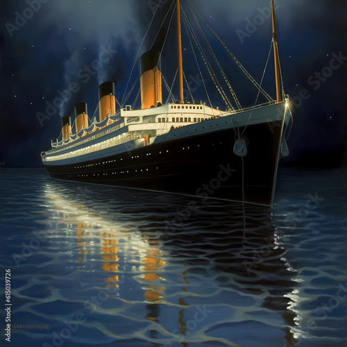 Journey of the Titanic in the Atlantic on a starry night and calm sea, AI generated