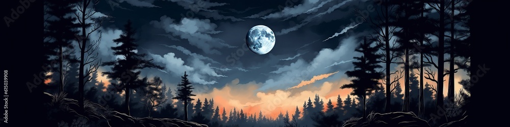 illustration,a night scene with a full moon and trees, website header, ai generative. illustration,a night scene with a full moon and trees, website header, ai generative.