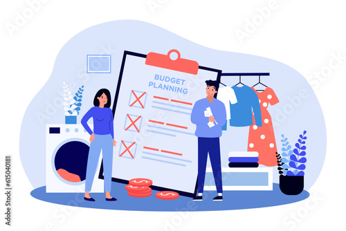 Married couple with budget planning list vector illustration. Drawing of upset wife and husband, financial problems due to rising interest rate, inflation. Household spending, budget, economy concept