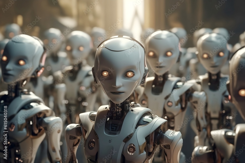 Group of robotic beings creepy looking at the camera Group of robotic beings creepy looking at the camera