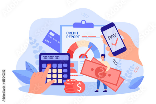 Hands of people counting expenses or paying via phone. Credit report, credit card, tiny happy man holding huge banknotes vector illustration. Financial management, economy, wealth concept