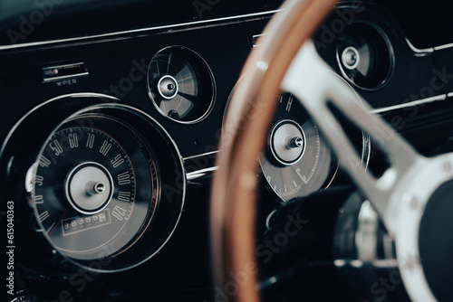 Steering wheel, American muscle car interior, dashboard vintage vehicle