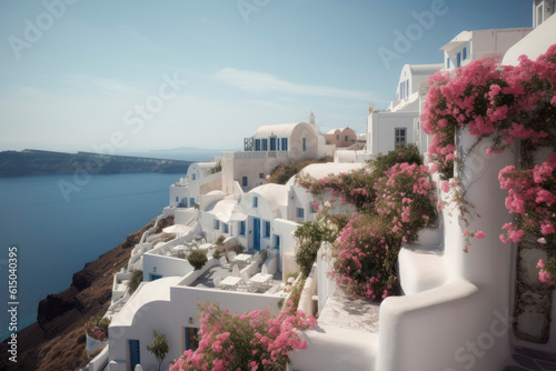 Mediterranean style white elegant houses on the slope with sea view, greek architecture with blooming plant climbing a wall. Modern greek architecture. Traditional villa of Santorini. Generative AI