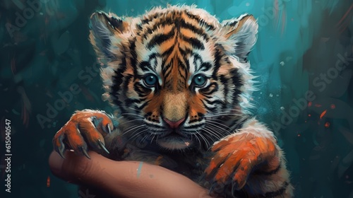 A young tiger cub being held by the hands of a person