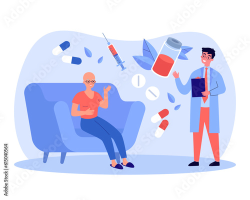 Happy patient receiving treatment vector illustration. Researcher offering woman with cancer vaccine and pills for curing disease. Cancer vaccine, health care, medicine concept