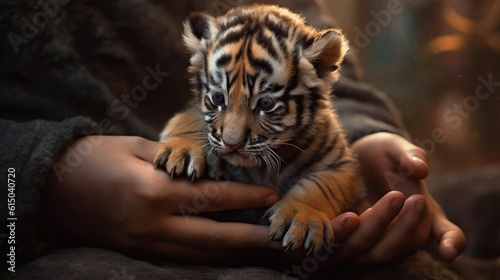 A young tiger cub being held by the hands of a person