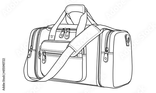 Set of Duffel bag, flat sketch fashion illustration drawing template mock-up, Sports duffle bag cad drawing, barrel bag flat sketch vector.