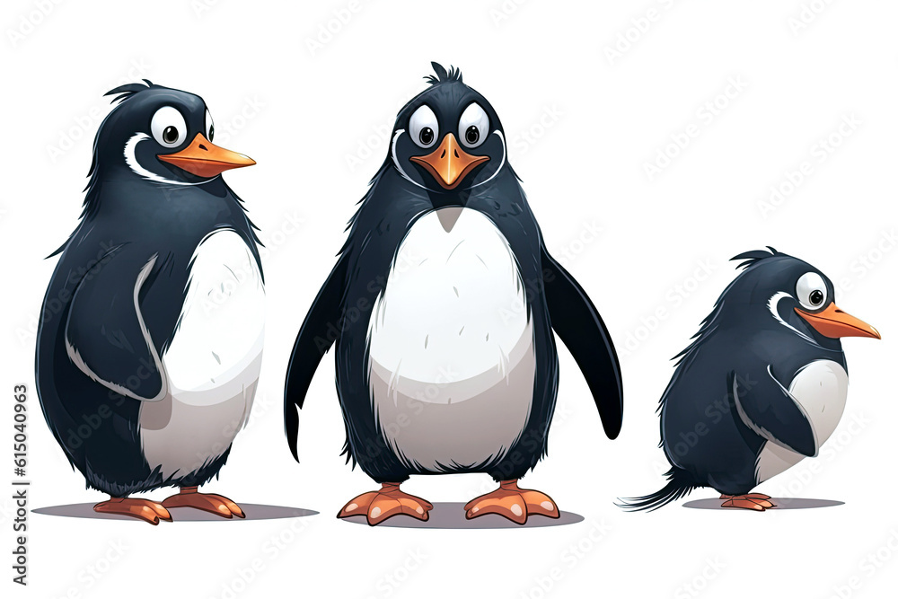 Fototapeta premium penguins on white isolated background. Family set of cute cartoon characters. Generative AI illustration