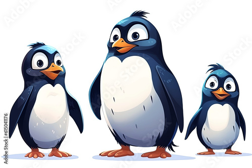 penguins on white isolated background. Family set of cute cartoon characters. Generative AI illustration