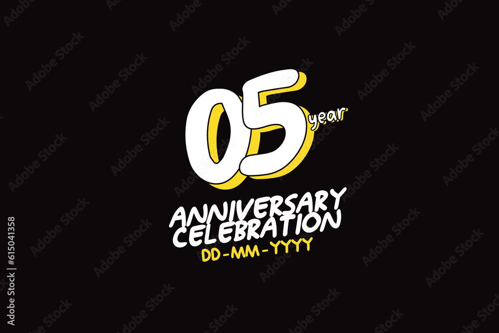 5th, 5 years, 5 year anniversary with white character with yellow shadow on black background-vector
