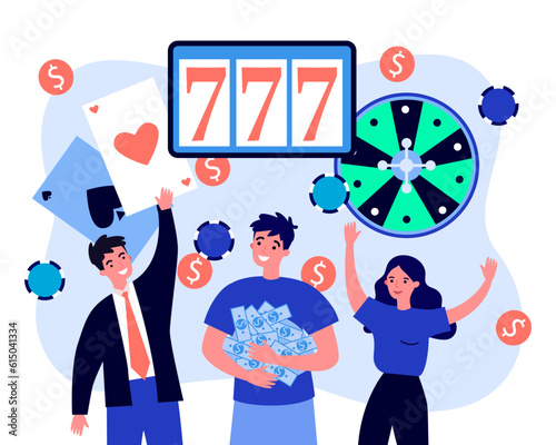Happy people winning at casino vector illustration. Winners holding money, celebrating big win or jackpot. Cards, slot machine and coins falling. Success, casino, money concept