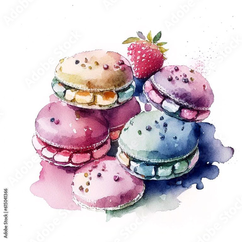 Cakes macaron or macaroon stack on white background, colorful vibrant almond cookies with berries, bright colors. Watercolor style.