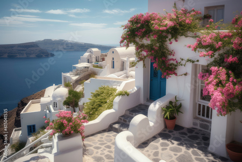 Mediterranean style white elegant houses on the slope with sea view  greek architecture with blooming plant climbing a wall. Modern greek architecture. Traditional villa of Santorini. Generative AI
