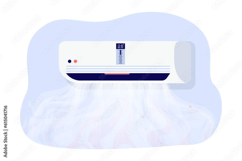 Warm air flowing out of air conditioner vector illustration. Cartoon drawing of equipment for controlling temperature in house. Climate, household, home appliances, electronics concept Warm air flowing out of air conditioner vector illustration. Cartoon drawing of equipment for controlling temperature in house. Climate, household, home appliances, electronics concept