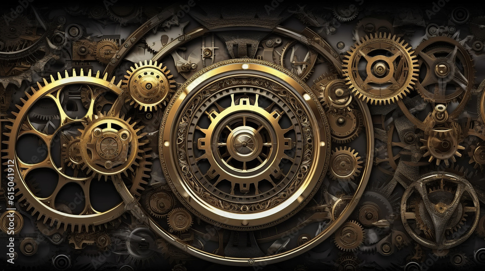clock background, generative, ai, machine, mechanical, blue,gold - obrazy, fototapety, plakaty 