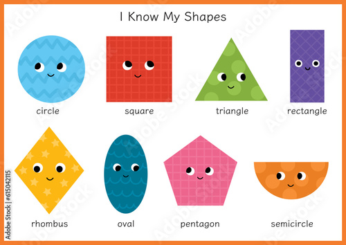 I Know My Shapes educational activity page for kids with cute characters. Learning basic geometric shapes poster for preschool with circle, square, triangle, etc. Vector illustration
