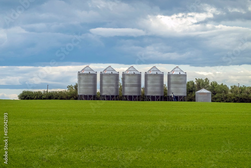 Some farm grain bins on a agriculture facility in Lethbridge, Alberta, Canada.