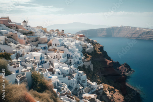 Aerial view of a greek island with traditional architecture with whute houses and blue roofs. Mediterranean style white elegant houses on the slope with sea view and blooming plants. Generative AI