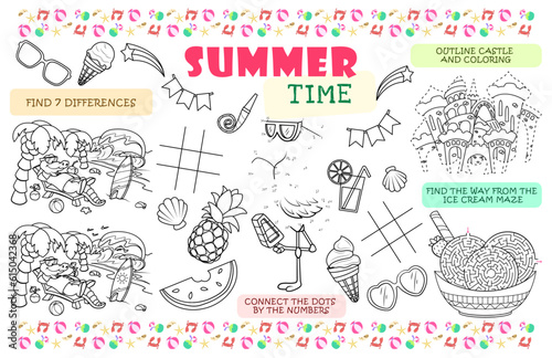 Festive placemat for children. Printable activity sheet "Summer time" with a labyrinth, tic-tac-toe, connect the dots, find the difference. 17x11 inch printable vector file