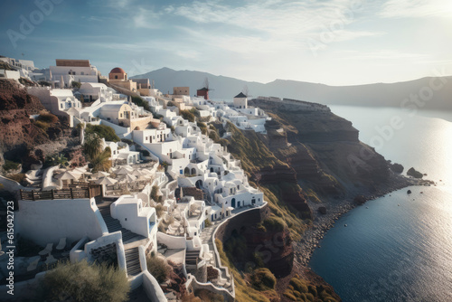 Aerial view of a greek island with traditional architecture with whute houses and blue roofs. Mediterranean style white elegant houses on the slope with sea view and blooming plants. Generative AI photo