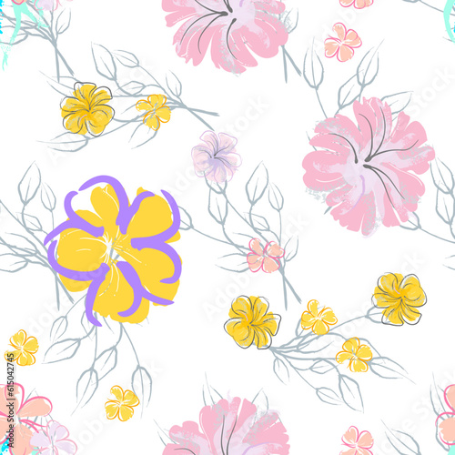 Pink Flowers Blooming Pattern. Pastel Watercolor. © Сашка Шаргаева